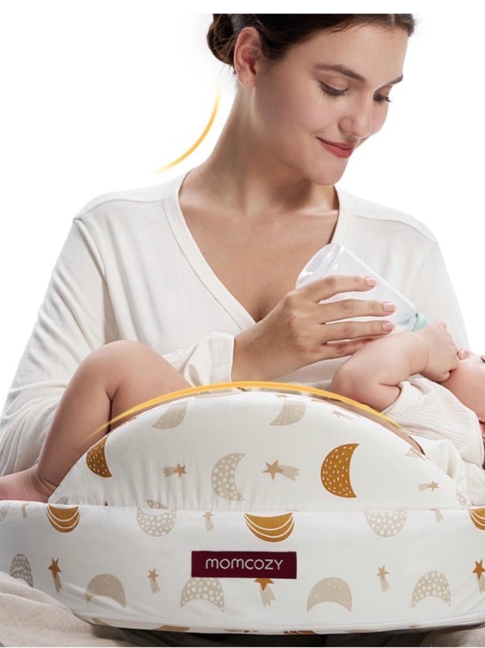 Momcozy Cream & Gold Moon Nursing Pillow - Ergonomic Baby Feeding Support